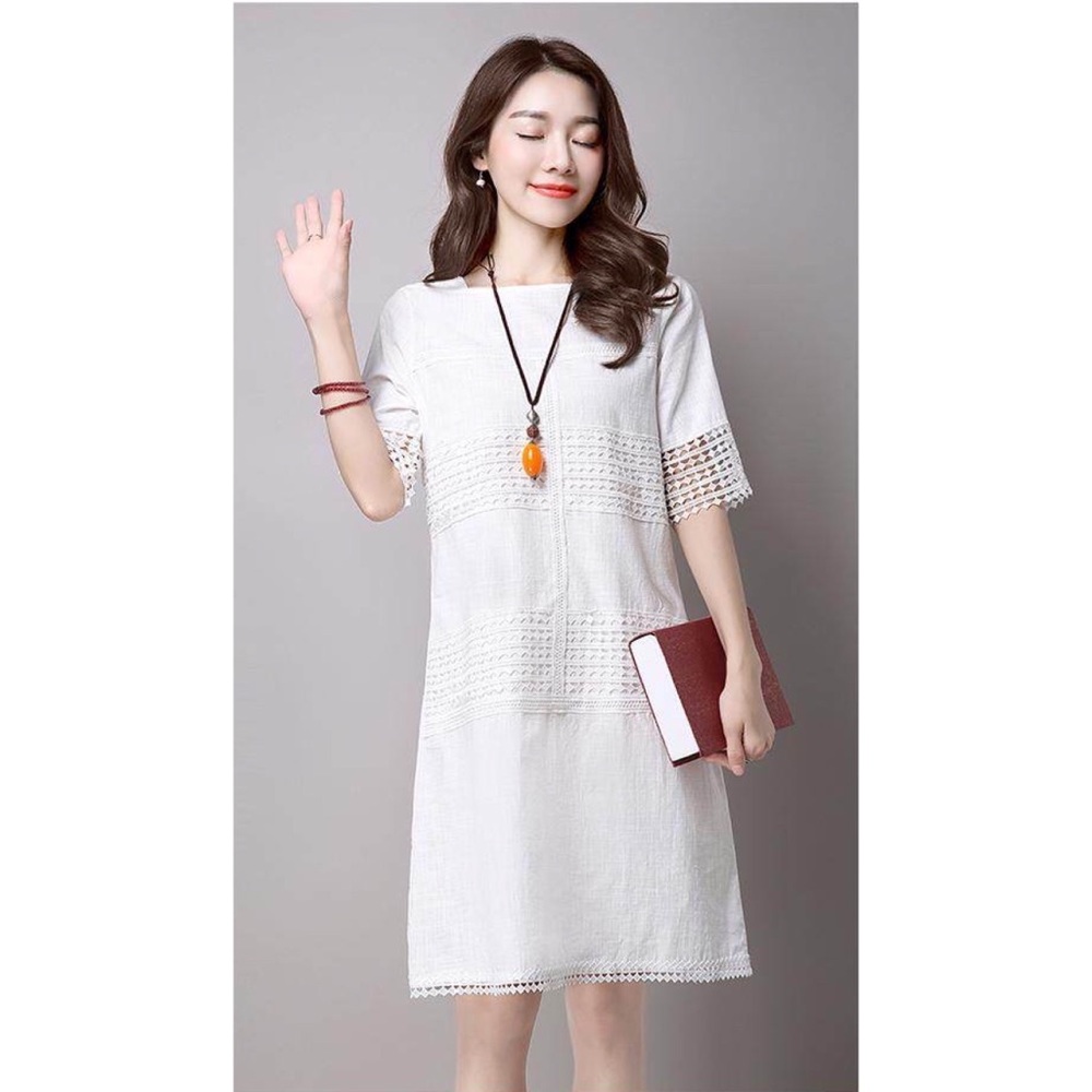 Chloe White Linen Lace Embroidered Short Sleeve A Line Knee Length Shift Dress